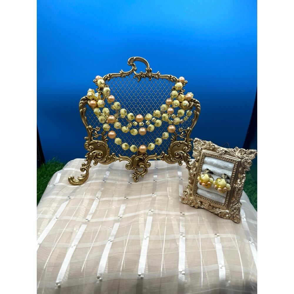Vintage Mid-Century Champagne & Aurora Borealis Beaded Jewelry Set - 18”